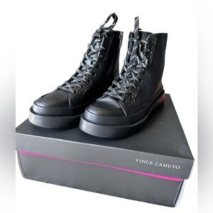 Vince Camuto “Korigan” black leather lug boots NIB Size 7